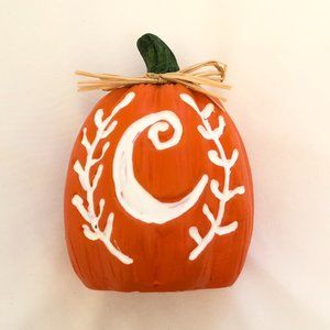 NWOT Orange Pumpkin Fall Halloween Figurine with White C Initial Monogram